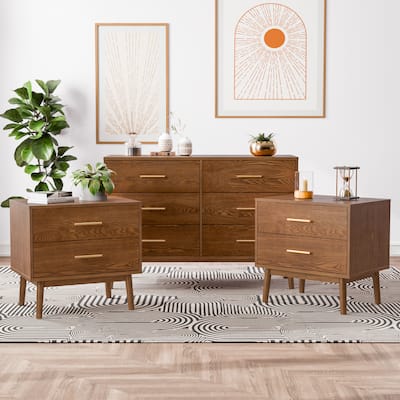 Furniture of America Beau Midcentury 3-Piece Walnut Dresser and 2 Nightstand Bedroom Set
