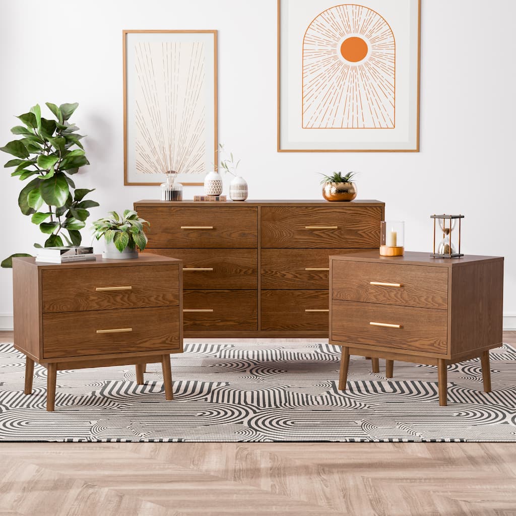 Furniture of America Beau Midcentury 3-Piece Walnut Dresser and 2 Nightstand Bedroom Set