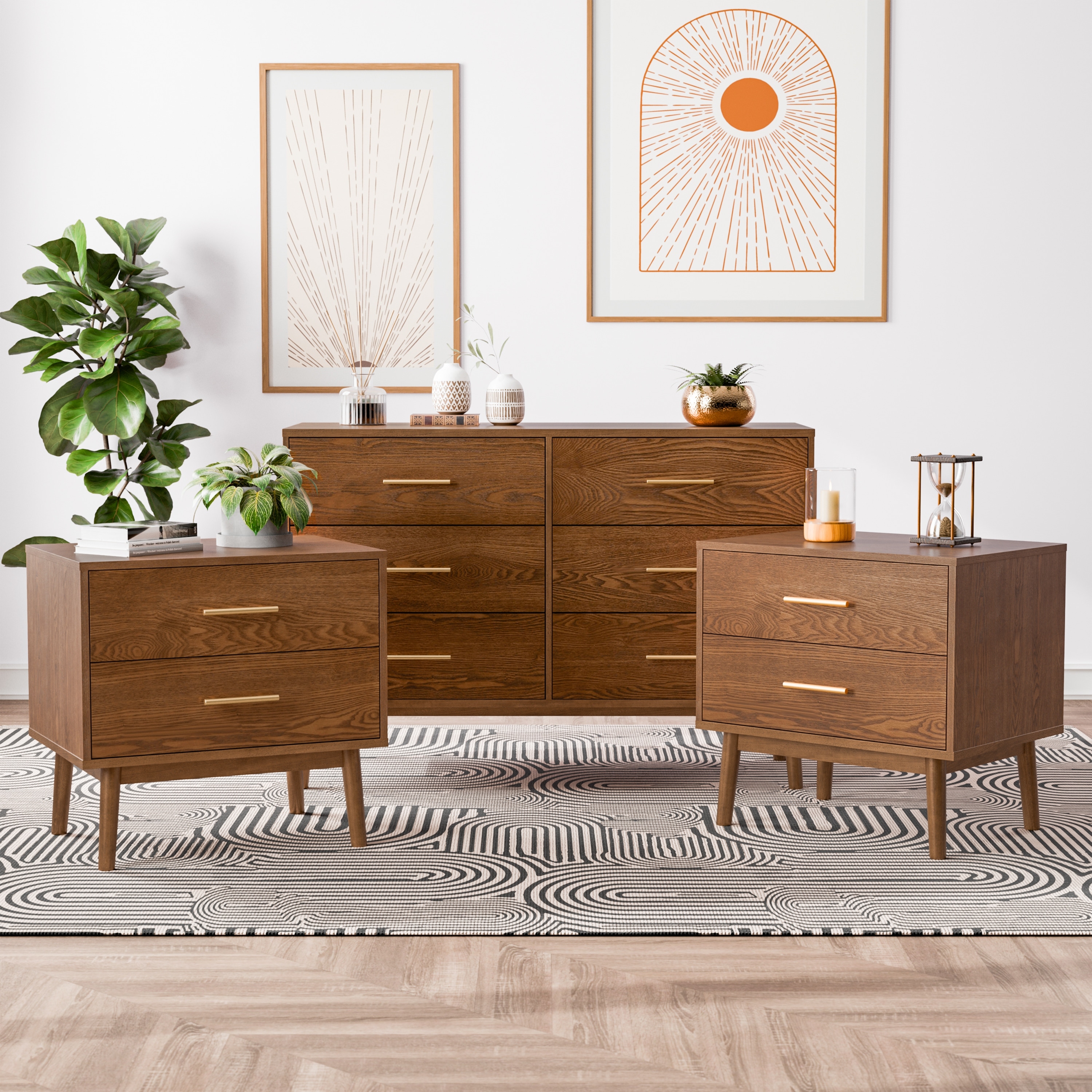 Furniture of America Beau Midcentury 3-Piece Walnut Dresser and 2 Nightstand Bedroom Set