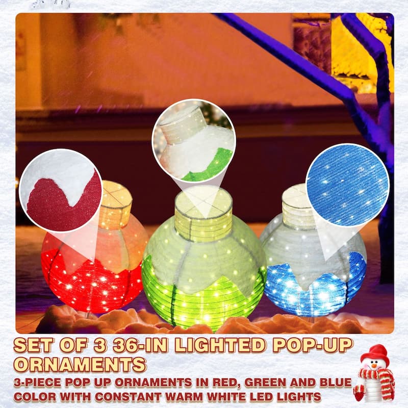 VEIKOUS 35 in. H Warm White LED Ball Pop Up Ornament Christmas Holiday Yard Decoration (3-Piece)