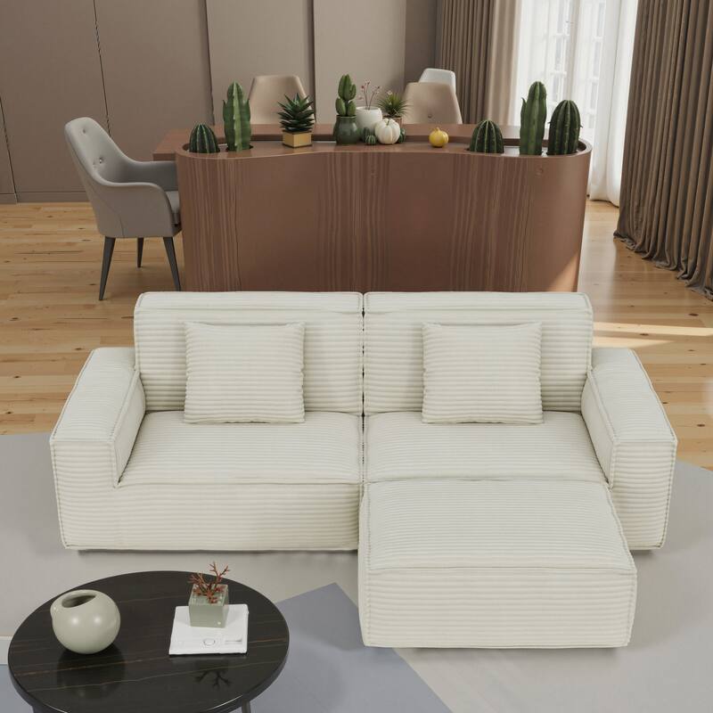 Anmytek Modern Large Striped Vacuum Compressed Full Sponge High Rebound Straight Sofa with Footstool Beige