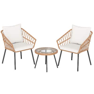 3 Piece Brown PE Rattan Patio Bistro Set with Beige Cushions asnd Glass Table - Chair: 24.5” × 23” × 31” (L × W × H)