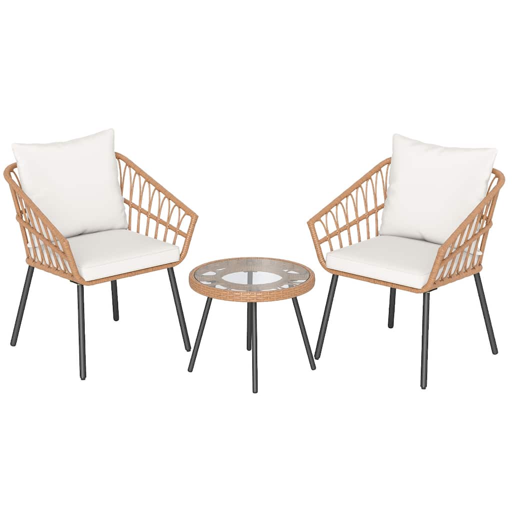 3 Piece Brown PE Rattan Patio Bistro Set with Beige Cushions asnd Glass Table - Chair: 24.5” × 23” × 31” (L × W × H)