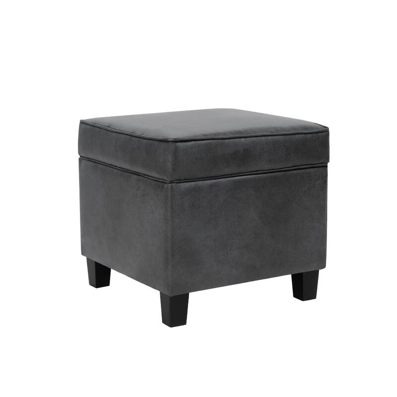 Pyp Square Storage Ottoman, 18 Inch Dark Gray Faux Leather, Black Wood