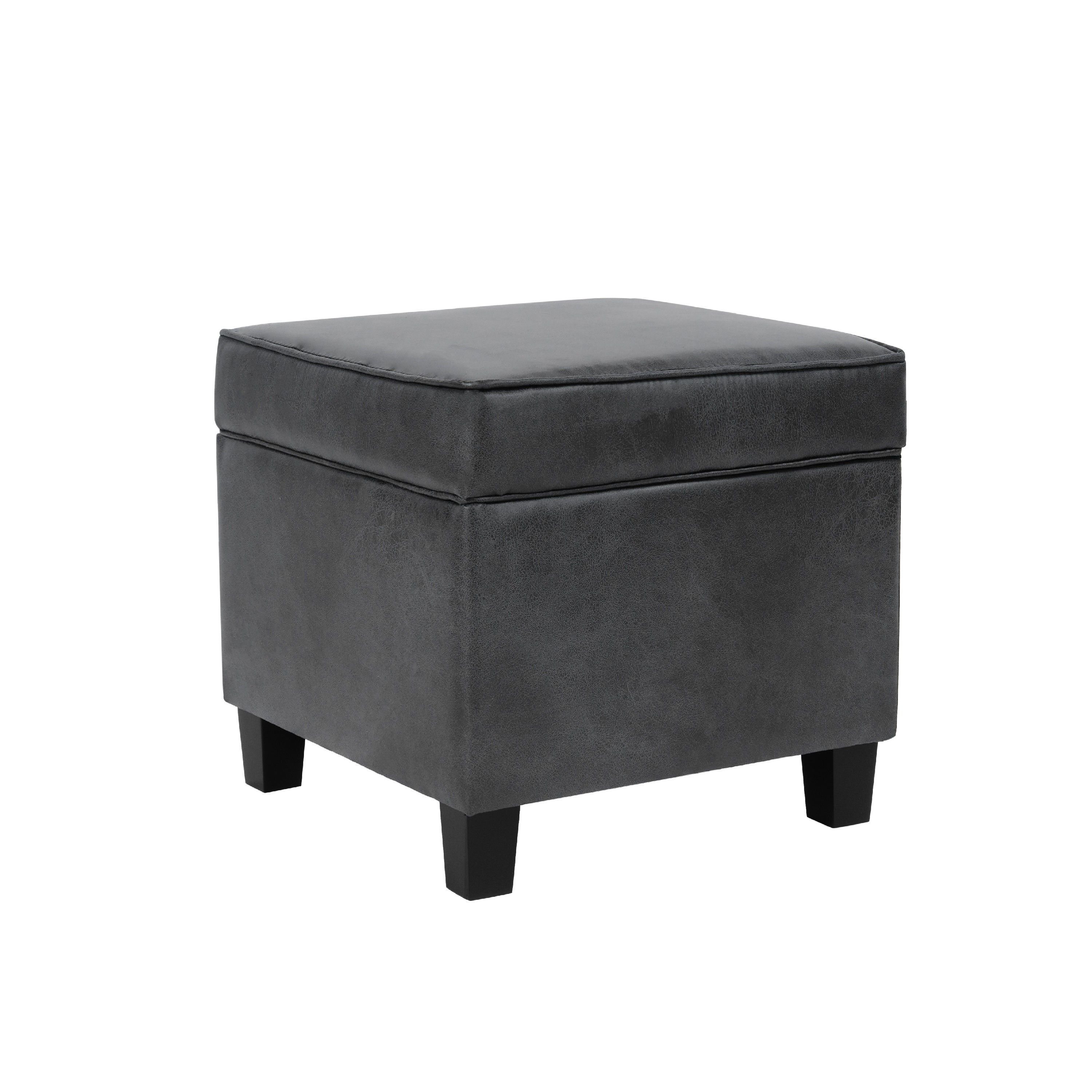 Pyp Square Storage Ottoman, 18 Inch Dark Gray Faux Leather, Black Wood