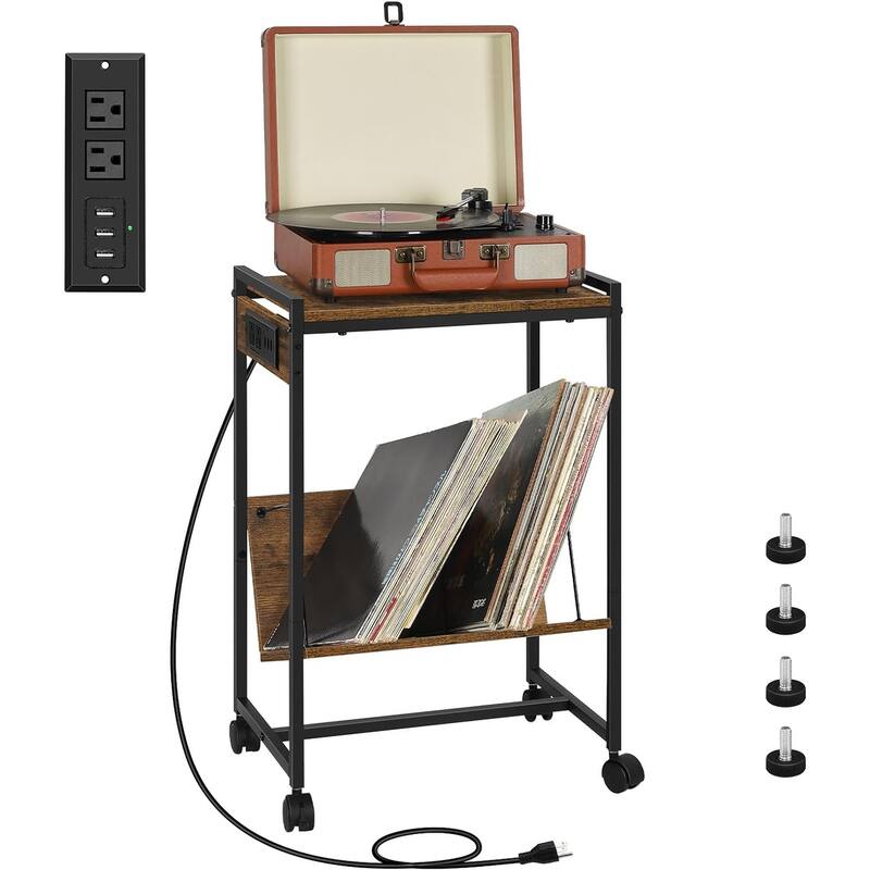 2 Tier Record Player Stand with Charging Station - Brown