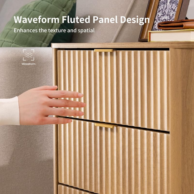Fluted Nightstand Charging Station 3 Drawers Side Storage Shelves