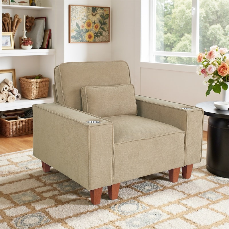 Mid Century Modern Accent Chair, Chenille Chairs for Living Room Upholstered Armchair with Cup Holder forApartment,Studio,Office - Khaki