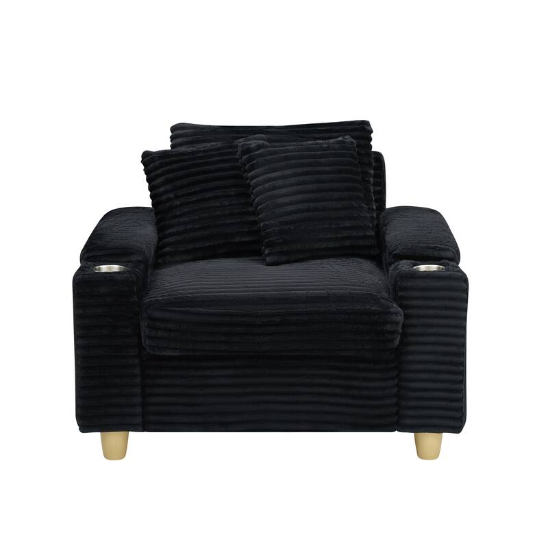 Corduroy Accent Chair & Storage Ottoman Set of 2, Single Sofa Armchair Lounge Chair with Pillows & Cup Holders