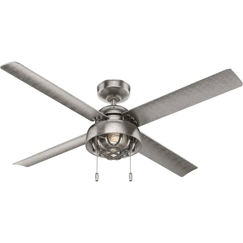 Hunter 52" Spring Mill Outdoor Ceiling Fan w/ LED Light and Pull Chain, Damp-Rated - Industrial, Transitional, Caged