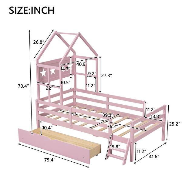 dimension image slide 0 of 2, Kids Platform Bed House Bed Twin Size Wood Frame with House Roof Headboard, Safety Guardrail, Large Drawer, Star Pattern