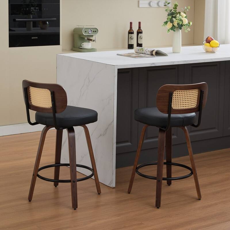 26" Swivel Rattan Bar Stools - Walnut Finish Counter Height Stools with Upholstered Seat