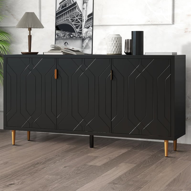 Mid-Century Elegant Wooden Sideboard with Three Interior Shelves - Black