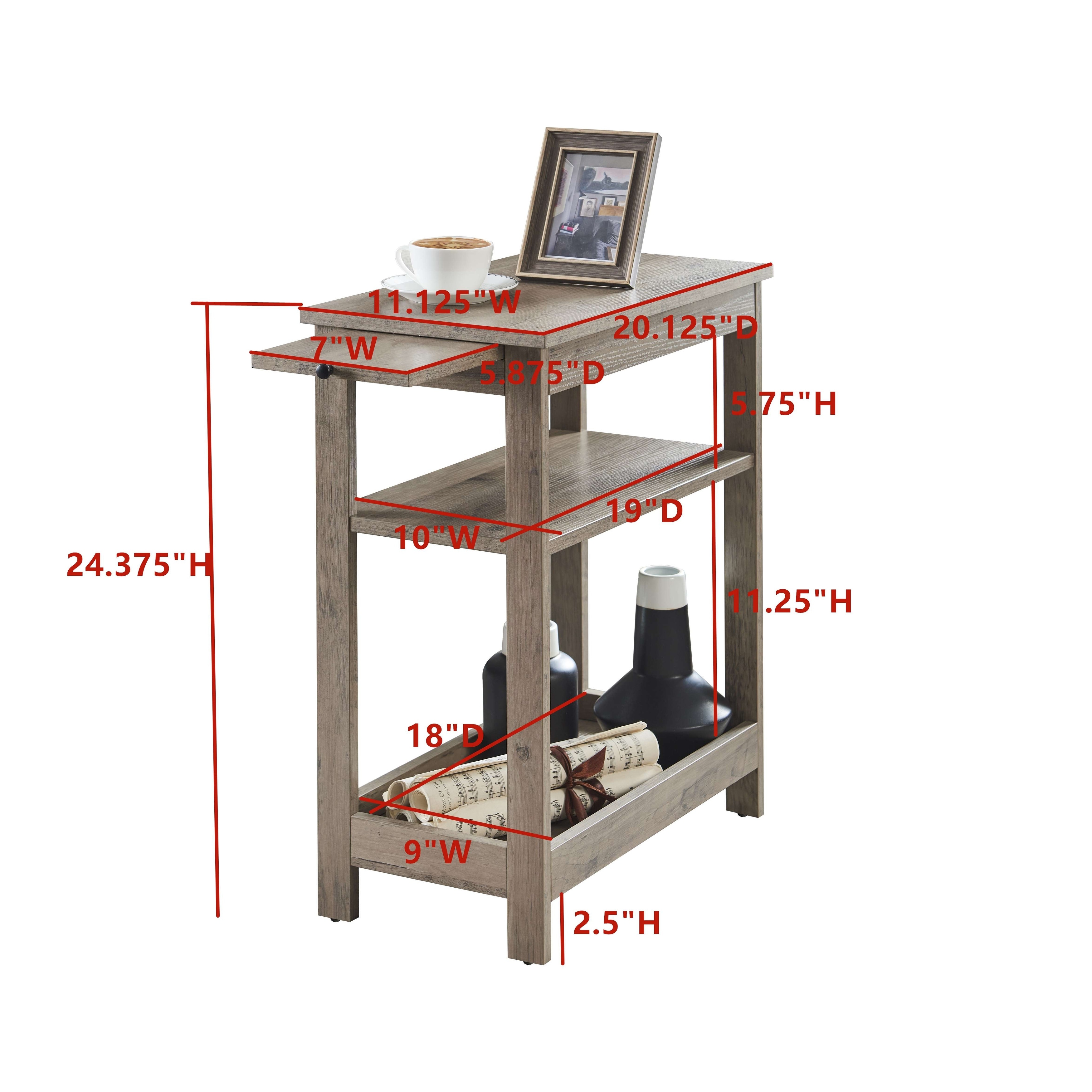 Slim Side End Table with Storage Shelves & Pull-Out Tray, Walnut
