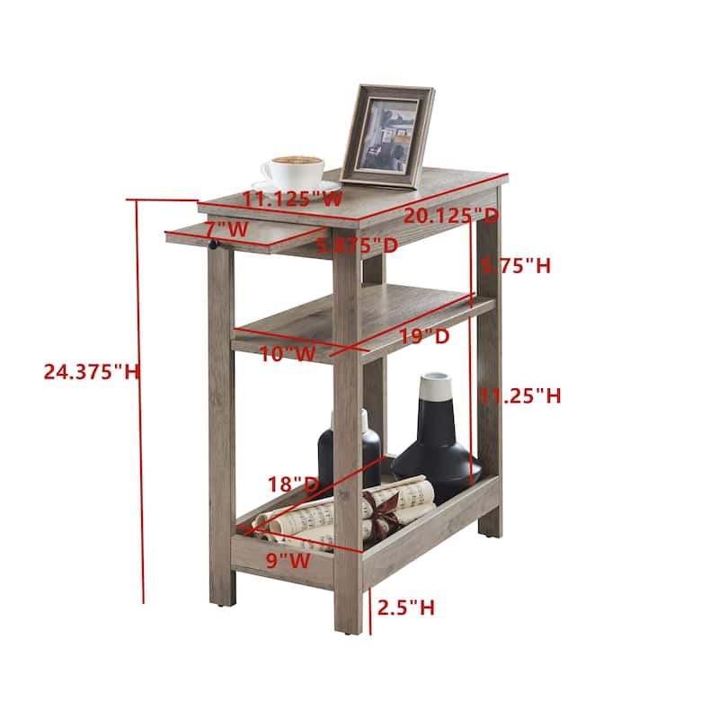 Slim Side End Table with Storage Shelves & Pull-Out Tray, Walnut