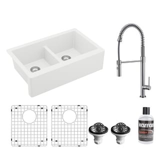 Karran All in One Apron Front Quartz 34 in. Double Bowl 50/50 Kitchen Sink in White with Faucet KKF220 in Stainless Steel