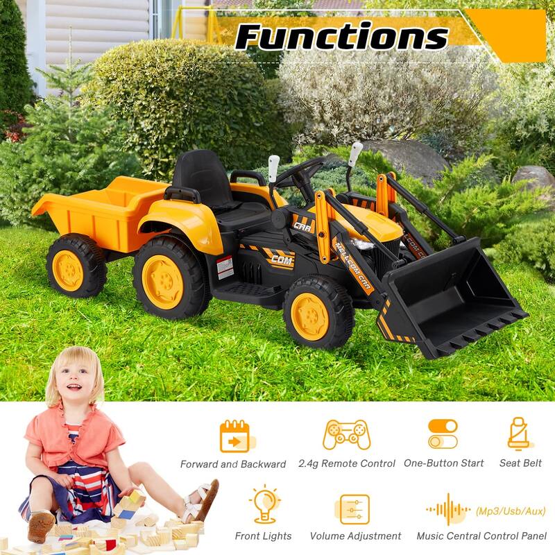 EROMMY Ride on Car Toys with Remote Control, Digger, Horn, Lights, Music Player, Safety Belt,