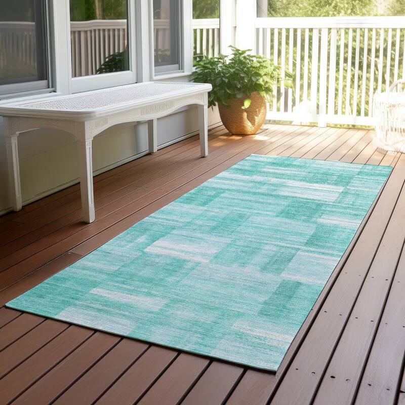 Machine Washable Indoor/ Outdoor Solid Hatches Chantille Rug - Teal - 2'3" x 7'6"