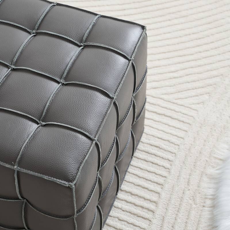 17.32" W Genuine Leather Tufted Ottoman,Footstool for Living Room & Bedroom,Grey