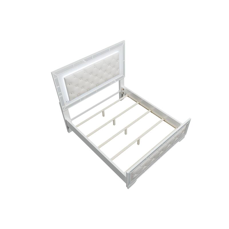 Transitional Style 3pc Bed 2x Nightstand Set LED Light Headboard Diamond Knobs Handles Cream Finish Bedroom Furniture