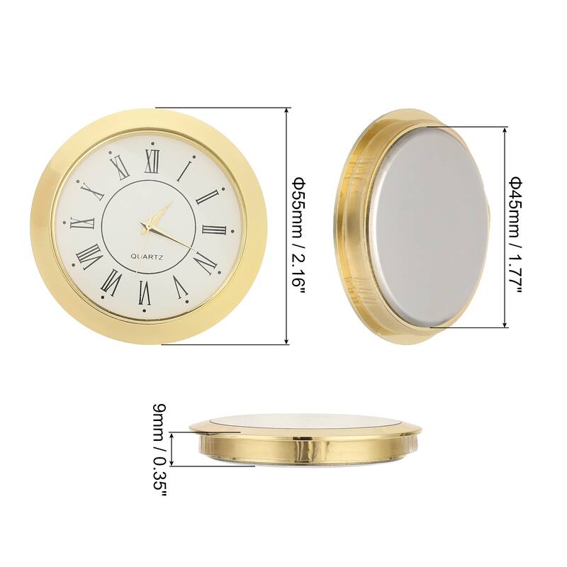 2-1/8 Inch 55mm Quartz Roman Clock Insert, 2Pcs Fit 45mm/1.77 Inch - Gold Tone
