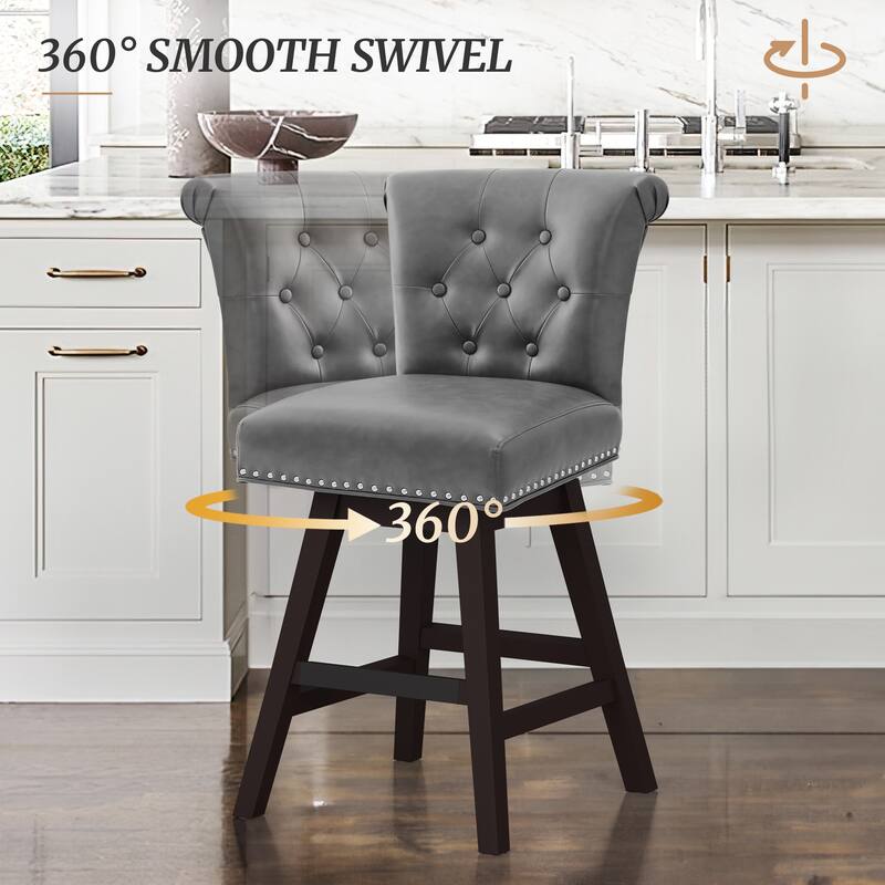 Modern 26.in Swivel Bar Stool Armless Counter Height Stool with Wooden Legs for Kitchen Island - Set of 3 - Dark Grey/Faux Leather
