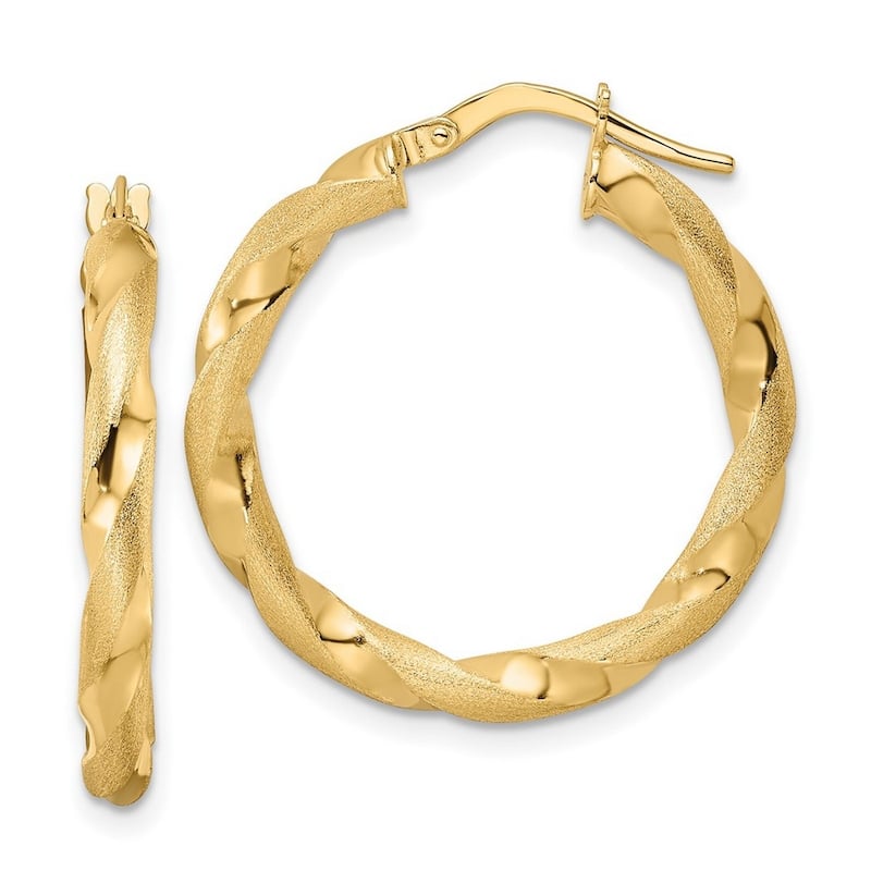 Curata 14k Yellow Gold Brushed and Polished Twisted Hoop Earrings 26.5x3mm