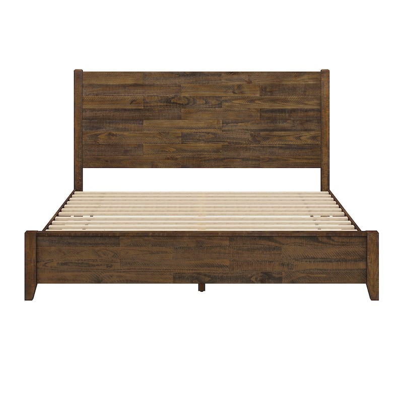 LUE BONA Pine Platform Bed with Distressed Headboard, Solid Wood Queen Bed Frame/King Bed Frame/Full Bed Frame