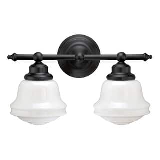 Huntley 2-Light 16 in. W Oil Rubbed Bronze Farmhouse Bathroom Vanity Lighting Fixture, White Schoolhouse Milk Glass Globe Shade