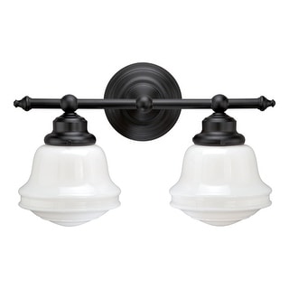 Huntley 2-Light 16 in. W Oil Rubbed Bronze Farmhouse Bathroom Vanity Lighting Fixture, White Schoolhouse Milk Glass Globe Shade