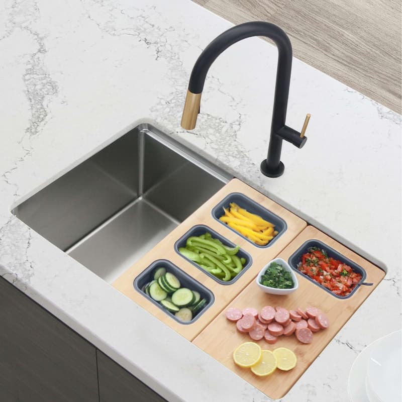 AZUNI 16.75 inch Over the Sink Divided Serving Board with 3 Collapsible Containers - 16.75" x 8.5"