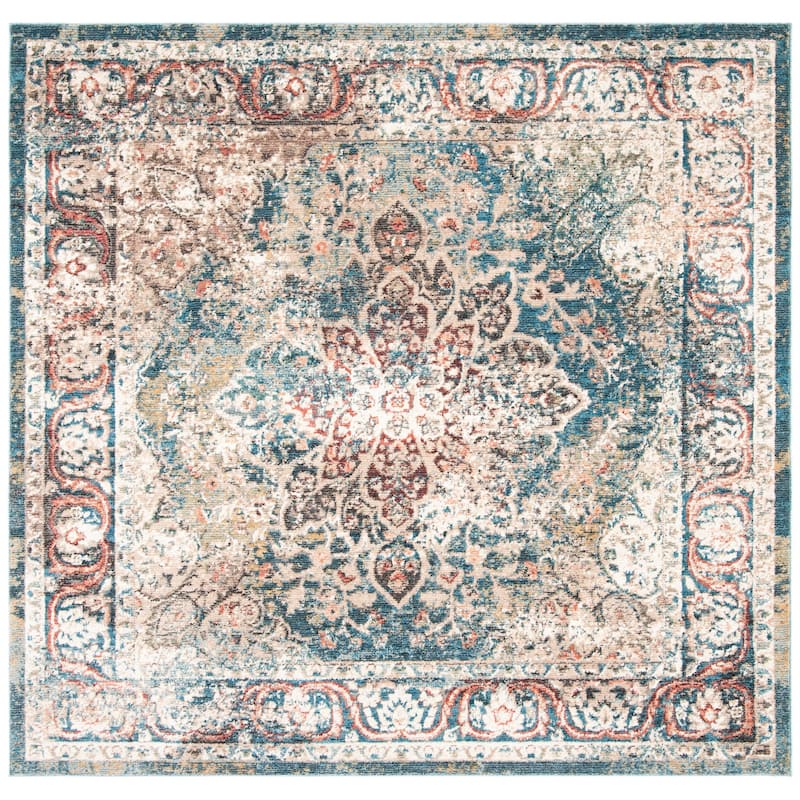 SAFAVIEH Lyric Vintage Medallion Polyester Rug - 6'7" Square - Turquoise/Ivory
