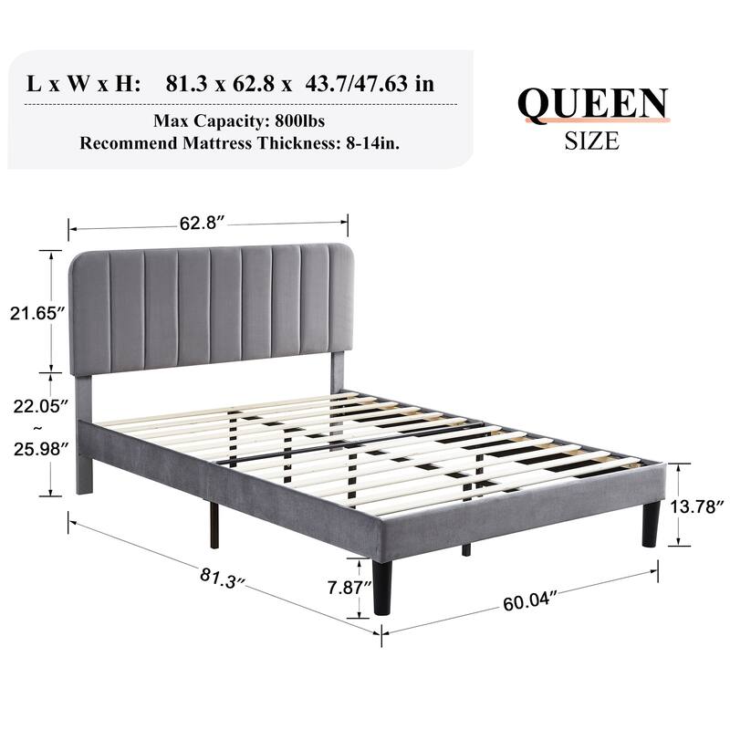 VECELO Velvet Upholstered Bed Frame with Vertical Channel Tufted Headboard, Adjustable Headboard, Wooden Slats Support