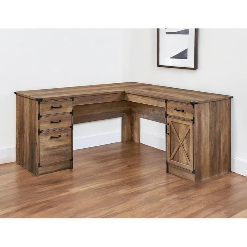 HomeRoots 64" Oak Wood L Shape Executive Desk With Four Drawers - Oak