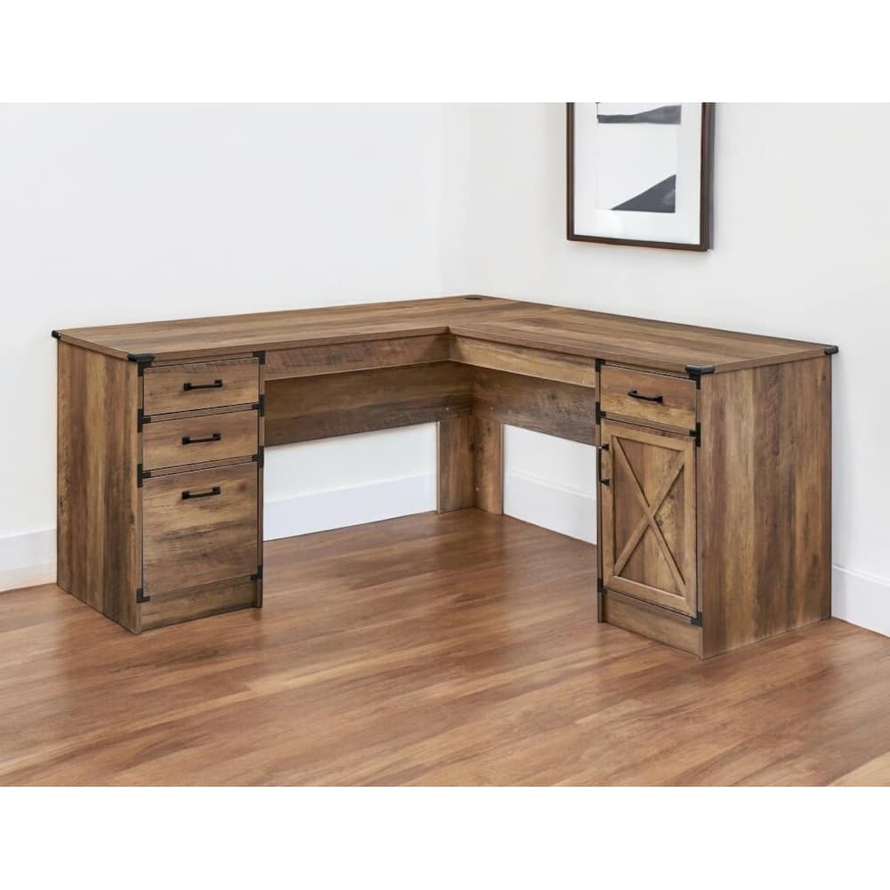 HomeRoots 64" Oak Wood L Shape Executive Desk With Four Drawers