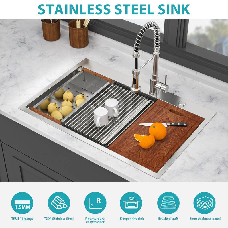 33" Drop-in Double Bowl 16 Gauge Stainless Steel Kitchen Sink in Brushed Nickel - 33'' x 22'' x 10''