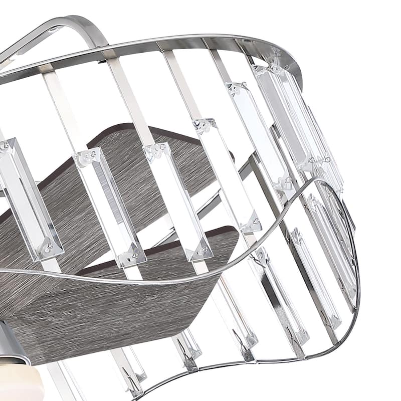 27" Modern Flush Mount Ceiling Fan Caged Crystal Fandelier Low Profile Ceiling Fan in Brushed Nicke