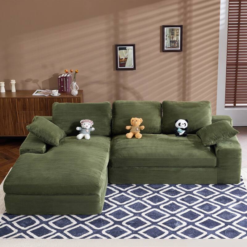 Roomfitters Corduroy Compressed Sofa with 3 Back Cushions & 2 Pillows, Soft Skin-Friendly Couch for Cozy Living Room - Green