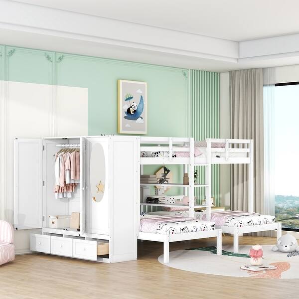 slide 2 of 9, White Full-over-Twin-Twin Bunk Bed with Wardrobe, Mirror, 3 Drawers and Shelves White