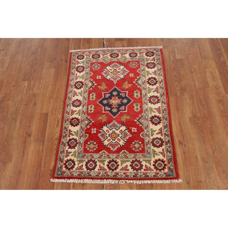 Red Geometric Kazak Oriental Accent Rug Hand-Knotted Wool Carpet - 2'0" x 3'0"