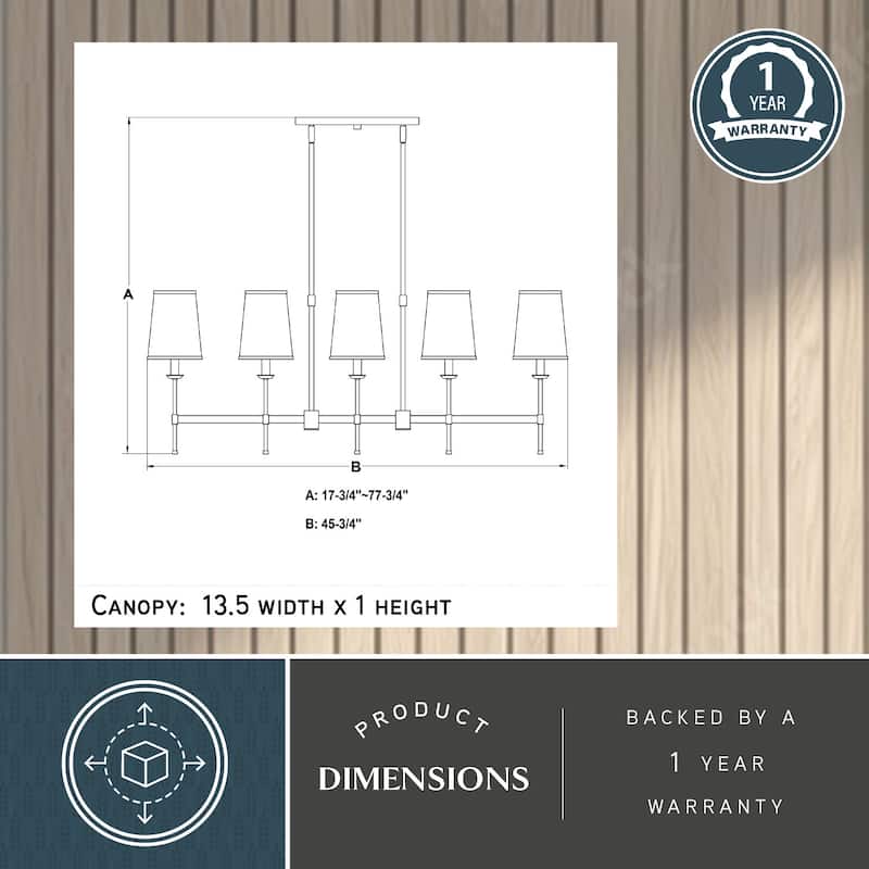 Camden 5 Light Matte Black Linear Chandelier Island Pendant Fixture White Fabric Shade, LED Compatible