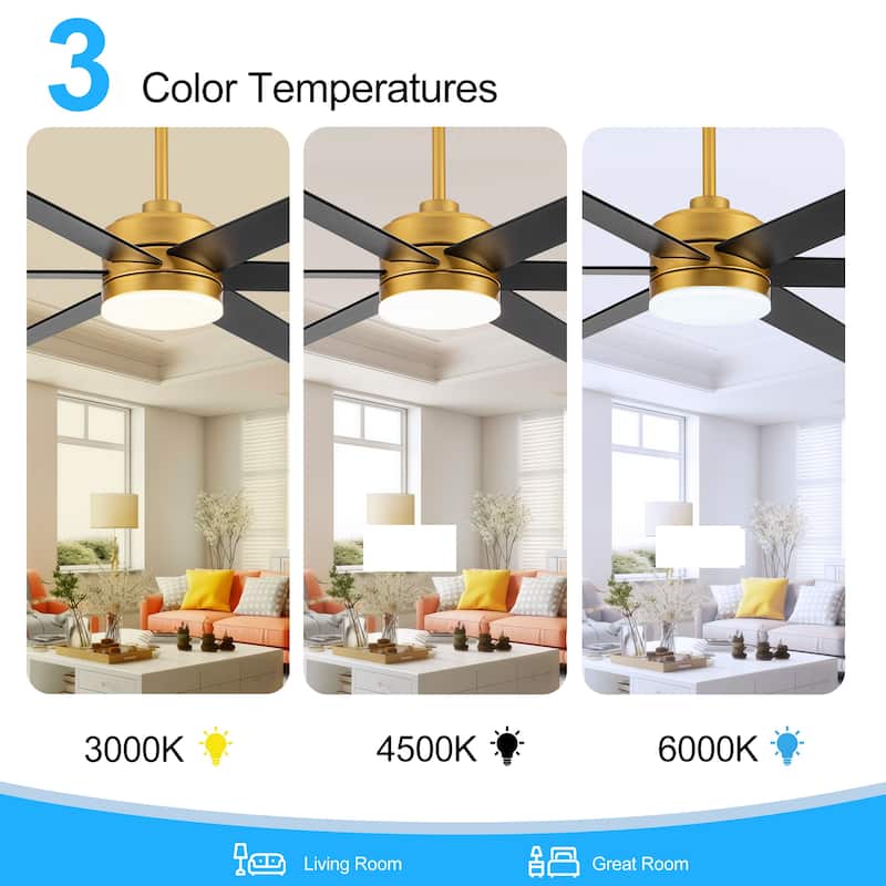 65 Inch Gold Large LED Ceiling Fan with Light and Remote(6-Blade)