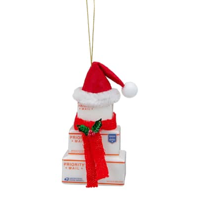 4.5" White and Red "USPS Priority Mail" Stacked Packages Santa Hat Christmas Ornament
