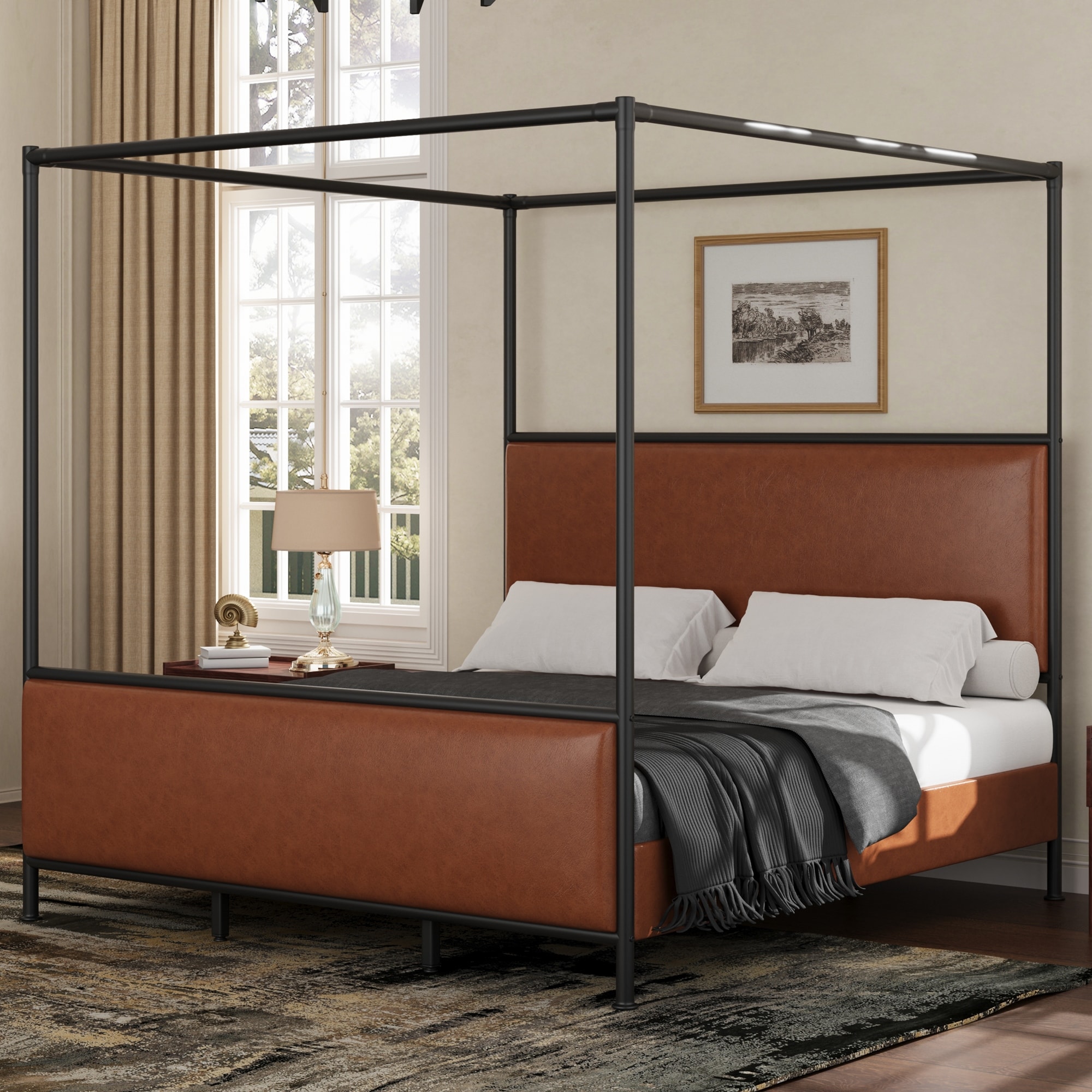 Christopher Knight Home - Alice Modern PU Upholstered Canopy Bed Frame with Iron Legs