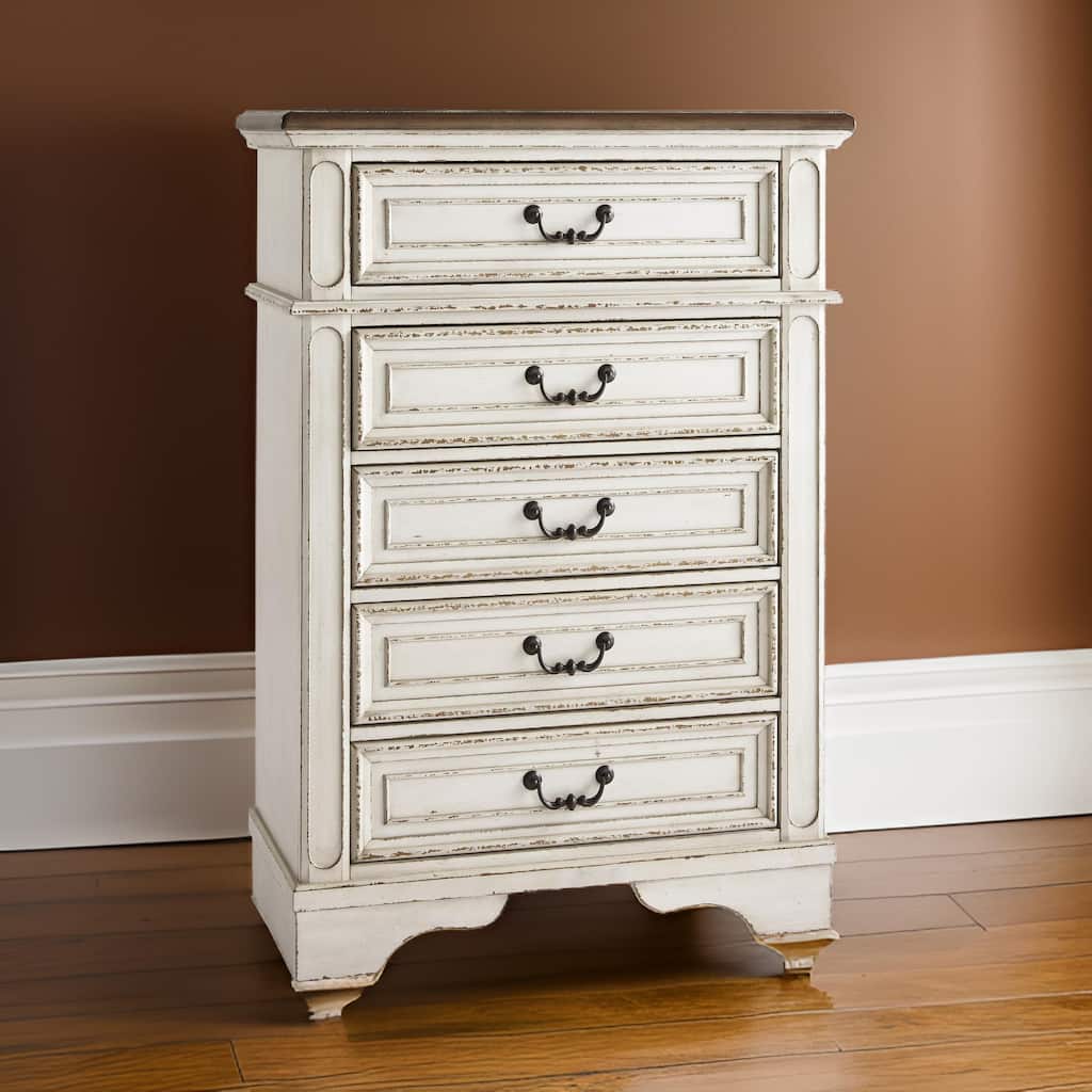 5 Drawer Wooden Chest with Bracket Legs, Antique White