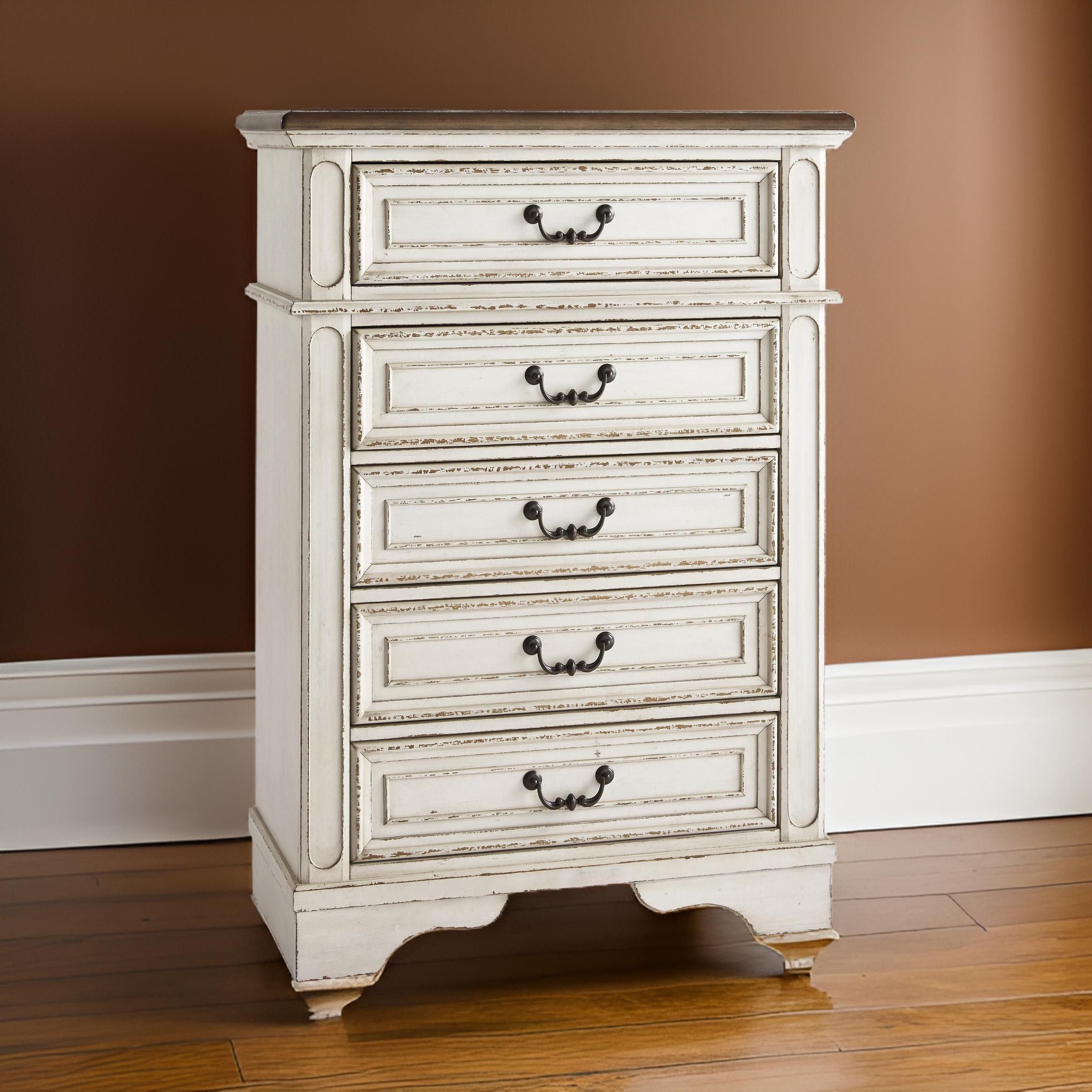 5 Drawer Wooden Chest with Bracket Legs, Antique White