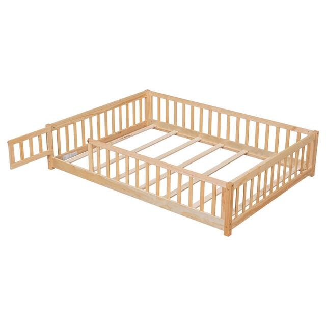 Twin/Full/Queen size Floor Platform Bed with Fence and Door for Kids, Toddlers