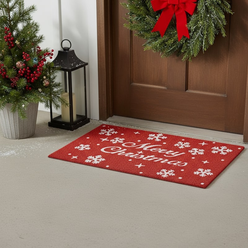 HomeRoots 24" X 36" Red And White Christmas Snowflake Merry Christmas Outdoor Coir Door Mat - 24.00' X '36.00 - 24.00' X '36.00