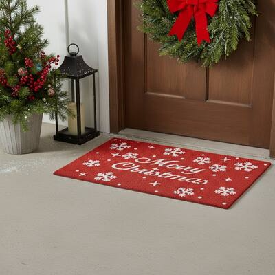 HomeRoots 24" X 36" Red And White Christmas Snowflake Merry Christmas Outdoor Coir Door Mat - 24.00' X '36.00