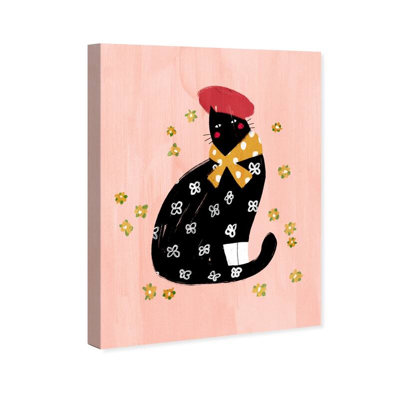 Wynwood Studio Canvas Animals Beret Flower Cat Black and Light Pink Modern & Contemporary Wall Art Canvas Print